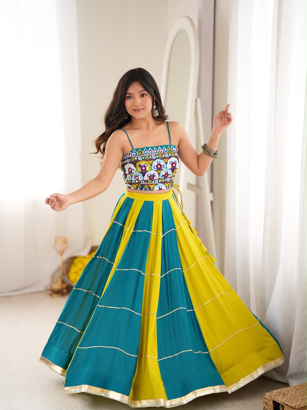 Teal and Yellow Panelled A-Line Lehenga with Embroidered Blouse